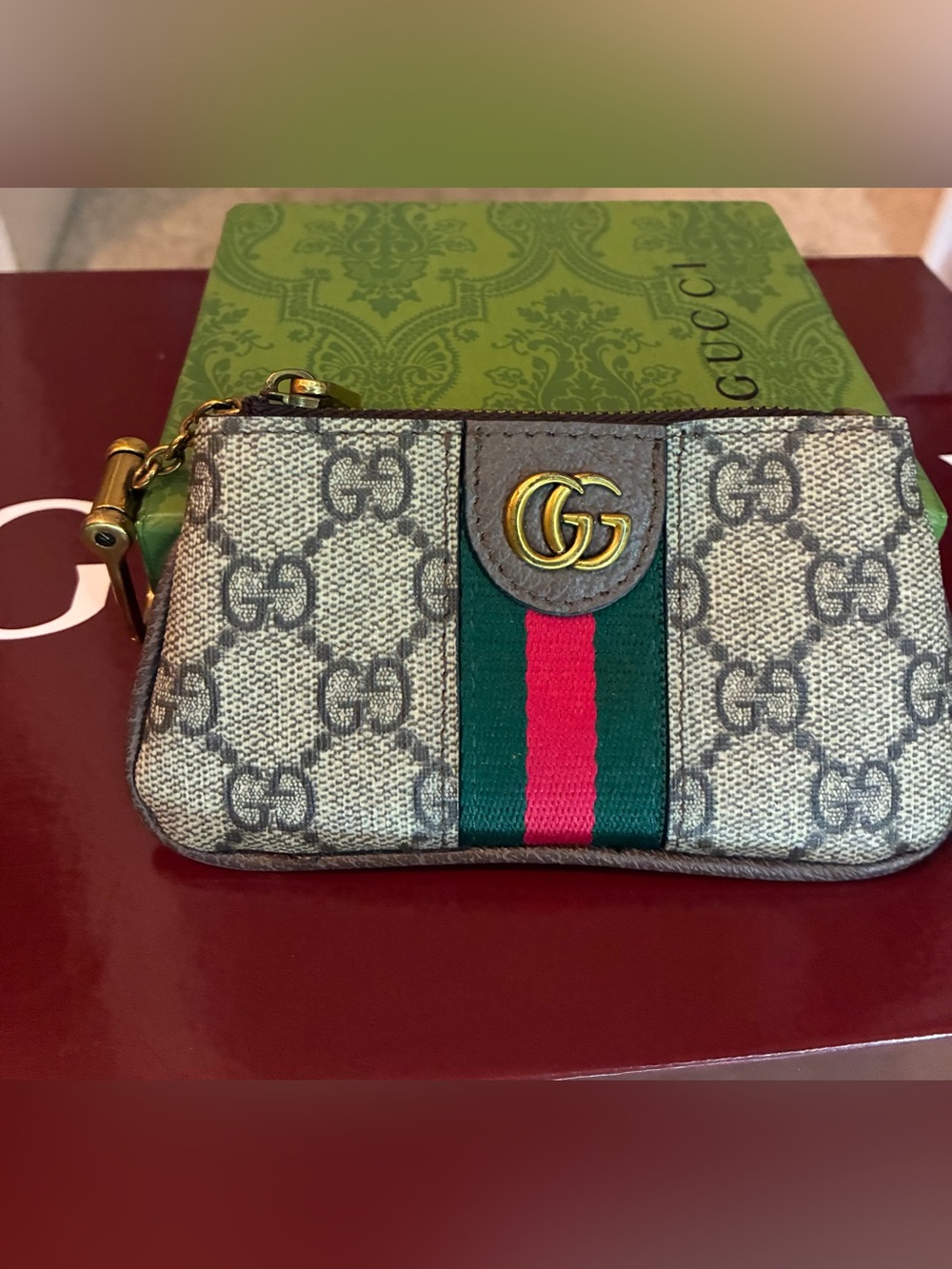Gucci Beige GG Supreme Canvas Zip Pouch with Brown Trim